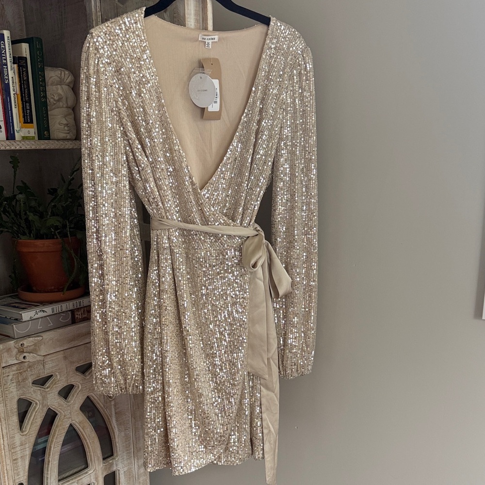 En Creme Gold Sequin Wrap Dress
